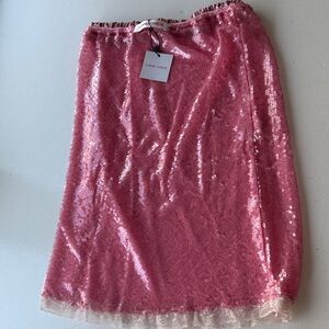 Pink Sequin Lace-Hem Pencil Skirt